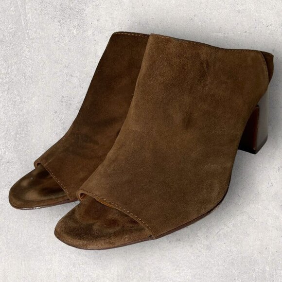Aquatalia Seneca US 8 Brown Suede‎ Mule Open Toe Heel Shoe Block Heel $475 - Picture 1 of 10